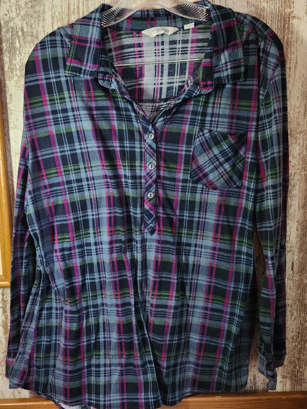 Indigo Threads Pink Green Black Plaid Flannel Pullover Top Shirt XL Fall Vibes